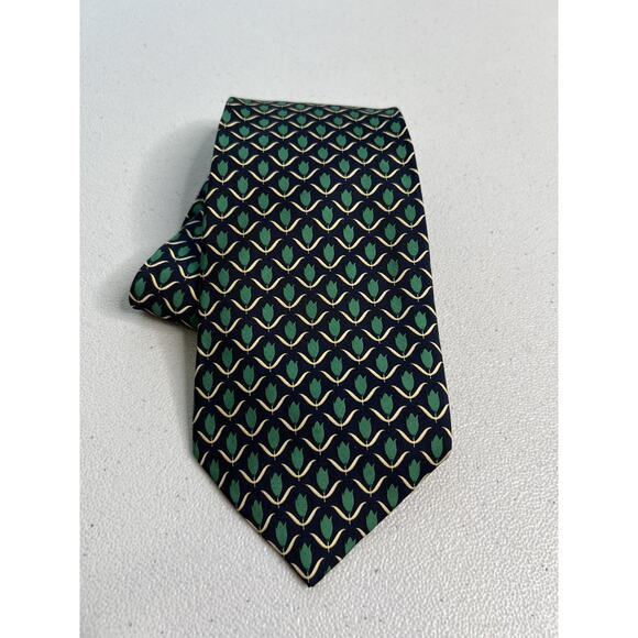Paul Fredrick Blue with Green Flower Pattern 100% Silk Designer Tie - Picture 1 of 7